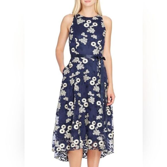 Tahari Navy Blue Gold Floral Sleeveless Embroidered Tea-Length Midi Dress 10 NWT - Picture 1 of 14